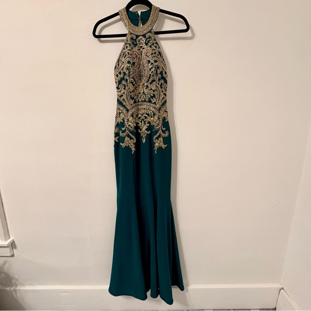 Xscape Halter Neck Gold Lace Bodice Mermaid Green Prom Dress Sz 0 - Picture 2 of 8
